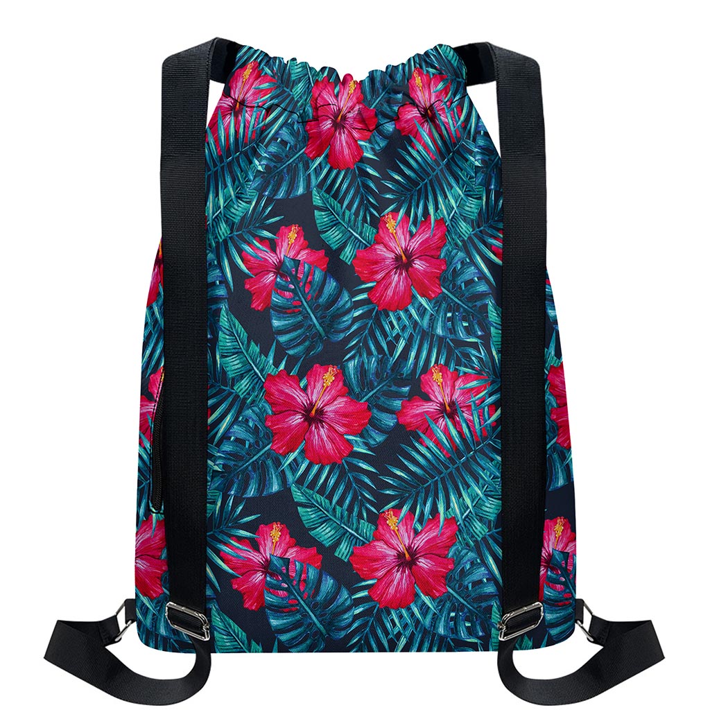 Hot Pink Hibiscus Tropical Pattern Print Drawstring Backpack
