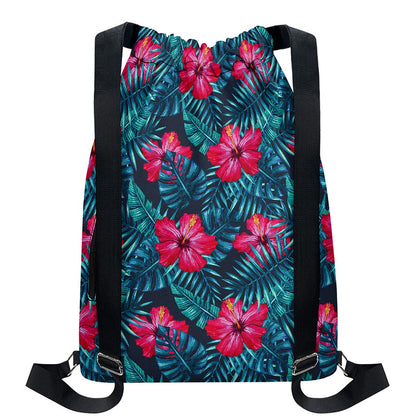 Hot Pink Hibiscus Tropical Pattern Print Drawstring Backpack
