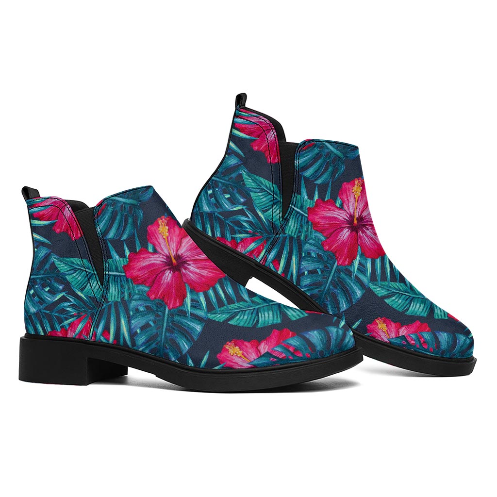 Hot Pink Hibiscus Tropical Pattern Print Flat Ankle Boots