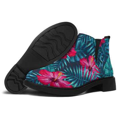 Hot Pink Hibiscus Tropical Pattern Print Flat Ankle Boots
