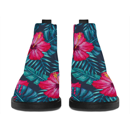 Hot Pink Hibiscus Tropical Pattern Print Flat Ankle Boots