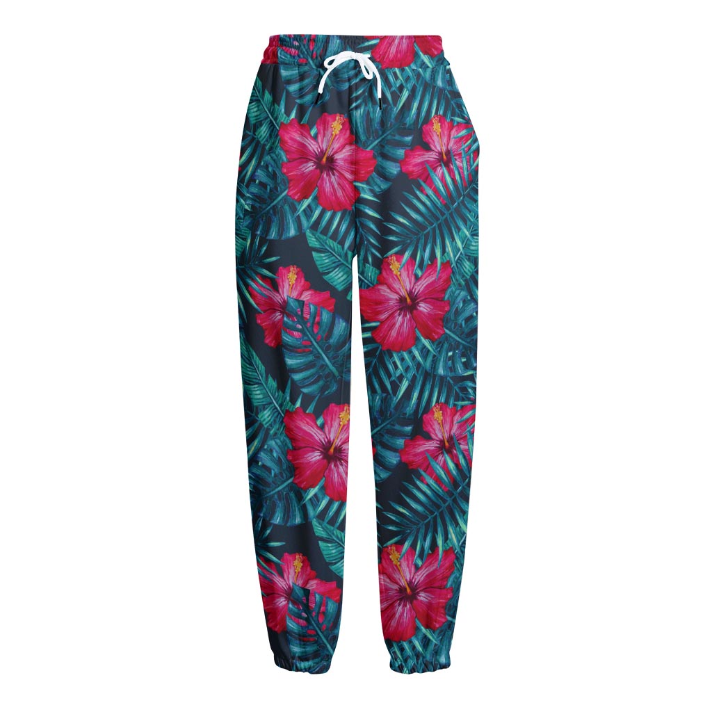 Hot Pink Hibiscus Tropical Pattern Print Fleece Lined Knit Pants