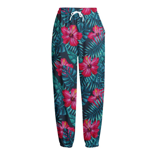 Hot Pink Hibiscus Tropical Pattern Print Fleece Lined Knit Pants