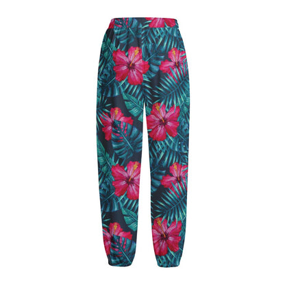 Hot Pink Hibiscus Tropical Pattern Print Fleece Lined Knit Pants