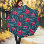 Hot Pink Hibiscus Tropical Pattern Print Foldable Umbrella
