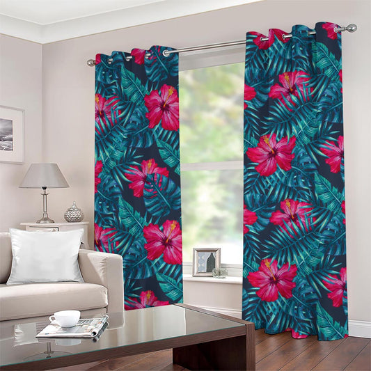 Hot Pink Hibiscus Tropical Pattern Print Grommet Curtains