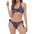 Hot Pink Hibiscus Tropical Pattern Print Halter Scoop Tie Side Bikini