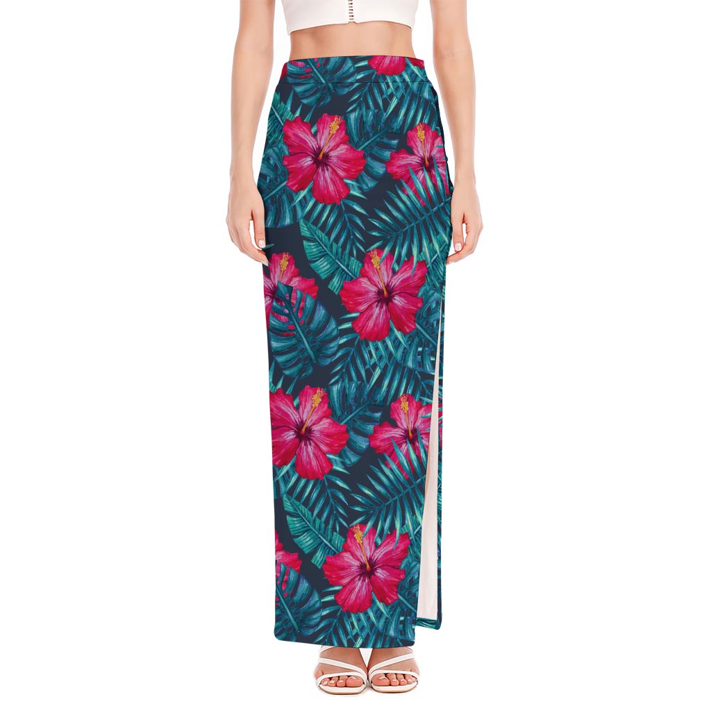 Hot Pink Hibiscus Tropical Pattern Print High Slit Maxi Skirt