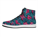 Hot Pink Hibiscus Tropical Pattern Print High Top Leather Sneakers