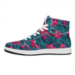 Hot Pink Hibiscus Tropical Pattern Print High Top Leather Sneakers