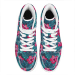 Hot Pink Hibiscus Tropical Pattern Print High Top Leather Sneakers