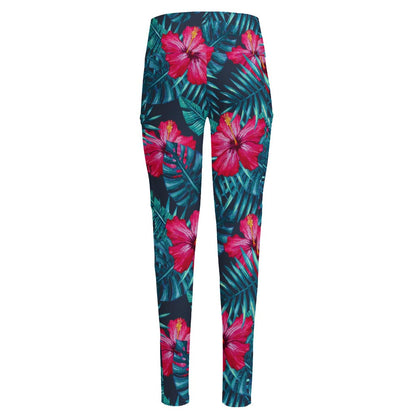 Hot Pink Hibiscus Tropical Pattern Print High-Waisted Pocket Leggings