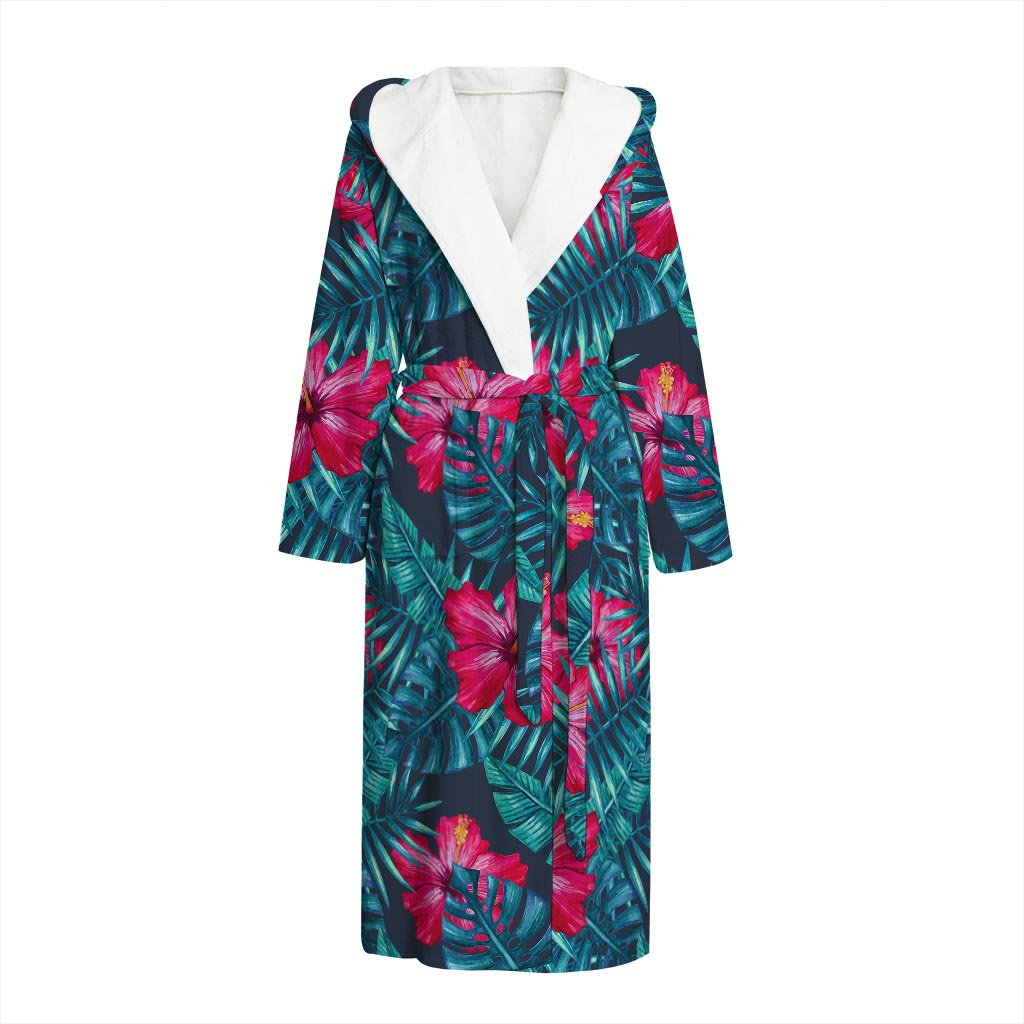 Hot Pink Hibiscus Tropical Pattern Print Hooded Bathrobe