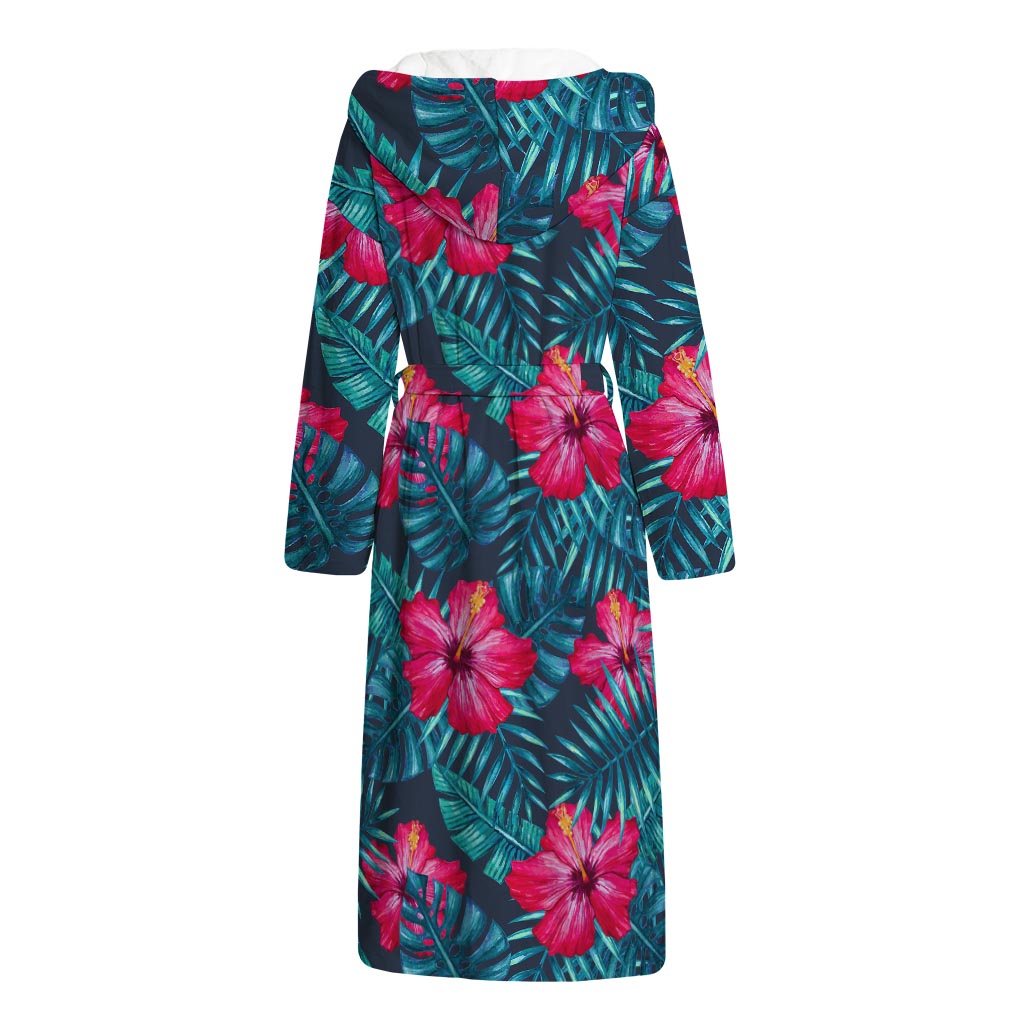 Hot Pink Hibiscus Tropical Pattern Print Hooded Bathrobe