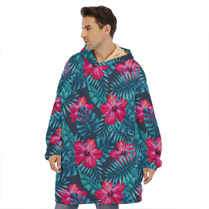 Hot Pink Hibiscus Tropical Pattern Print Hoodie Blanket