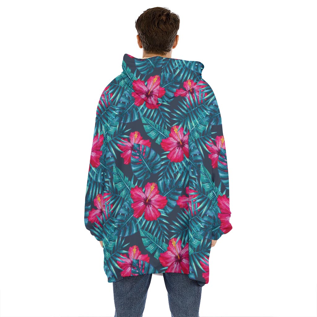 Hot Pink Hibiscus Tropical Pattern Print Hoodie Blanket