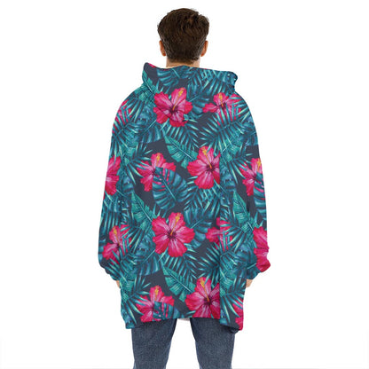 Hot Pink Hibiscus Tropical Pattern Print Hoodie Blanket