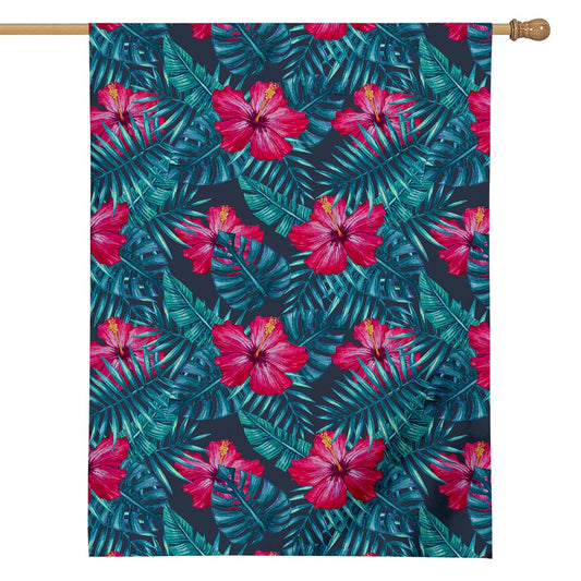 Hot Pink Hibiscus Tropical Pattern Print House Flag