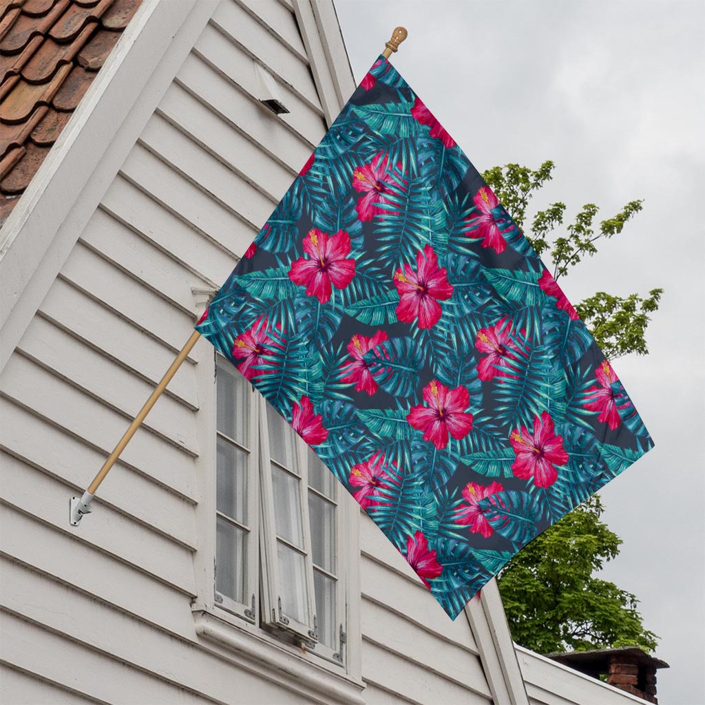 Hot Pink Hibiscus Tropical Pattern Print House Flag