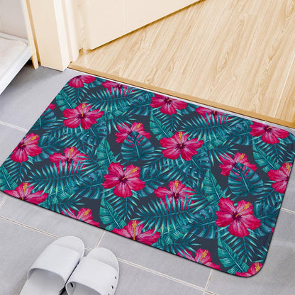 Hot Pink Hibiscus Tropical Pattern Print Indoor Door Mat
