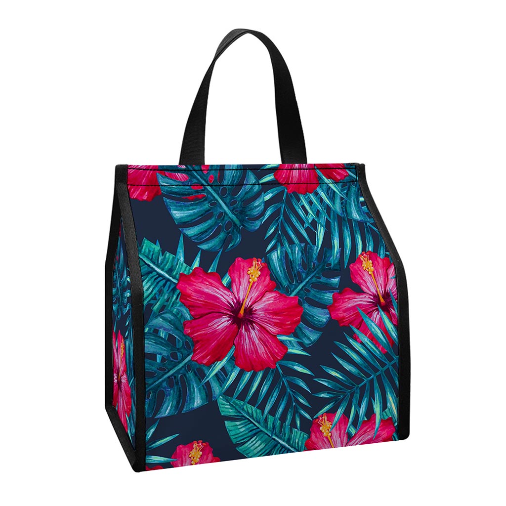 Hot Pink Hibiscus Tropical Pattern Print Insulated Lunch Tote