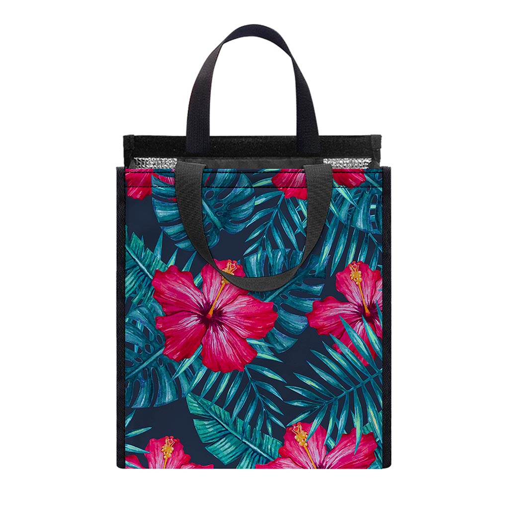 Hot Pink Hibiscus Tropical Pattern Print Insulated Lunch Tote
