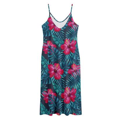 Hot Pink Hibiscus Tropical Pattern Print Jersey Midi Cami Dress