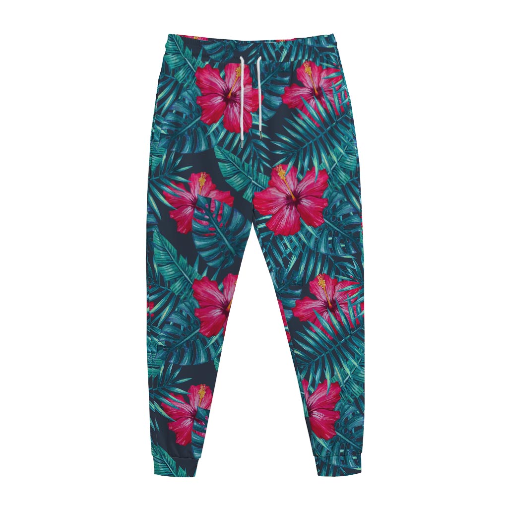 Hot Pink Hibiscus Tropical Pattern Print Jogger Pants