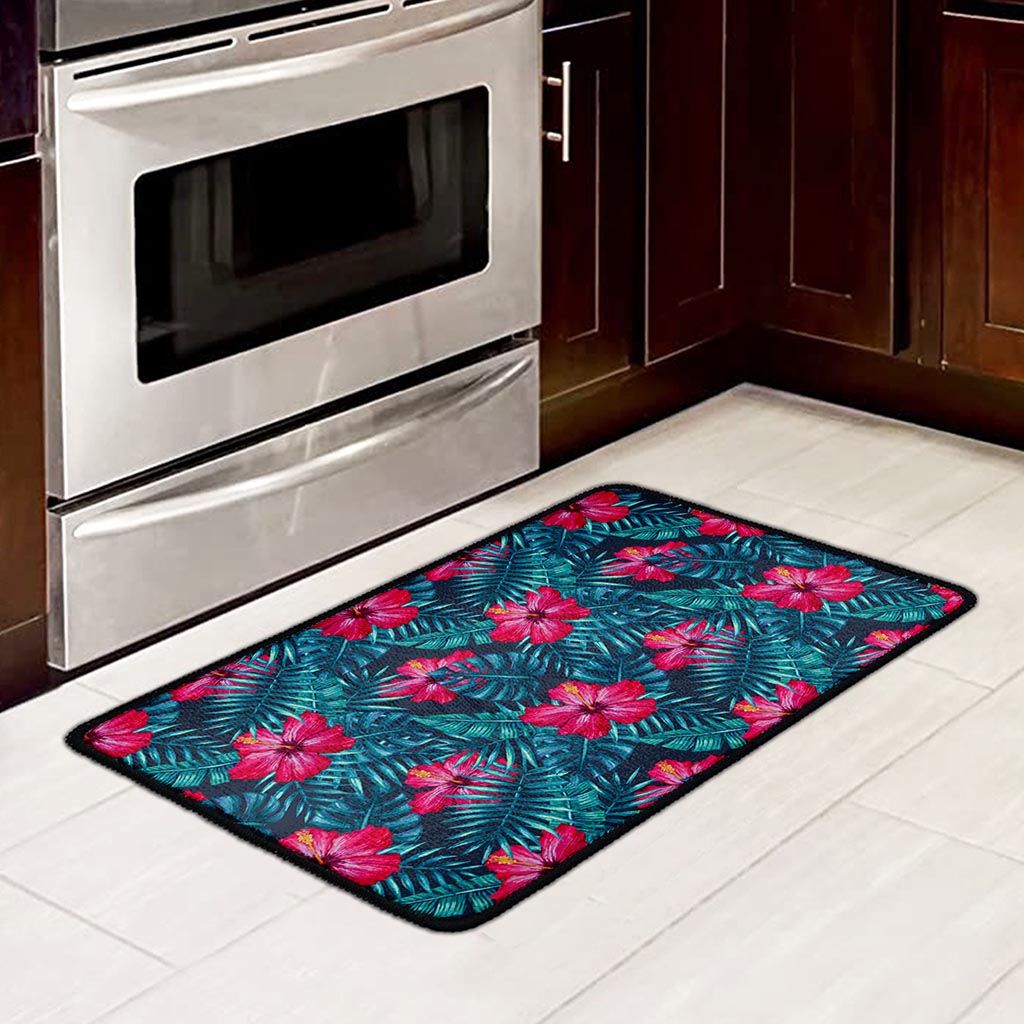 Hot Pink Hibiscus Tropical Pattern Print Kitchen Mat