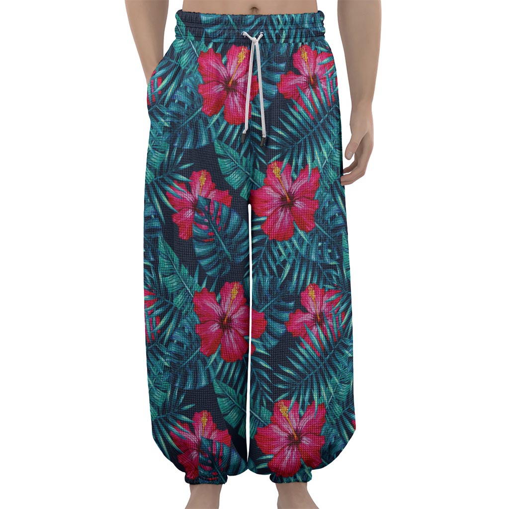 Hot Pink Hibiscus Tropical Pattern Print Lantern Pants