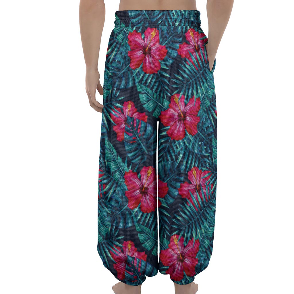 Hot Pink Hibiscus Tropical Pattern Print Lantern Pants