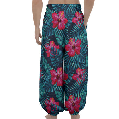 Hot Pink Hibiscus Tropical Pattern Print Lantern Pants