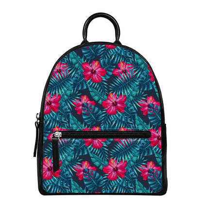 Hot Pink Hibiscus Tropical Pattern Print Leather Backpack