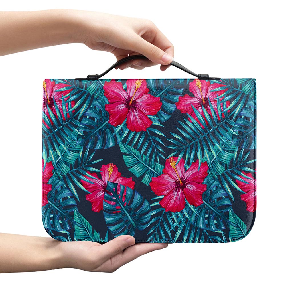 Hot Pink Hibiscus Tropical Pattern Print Leather Bible Cover