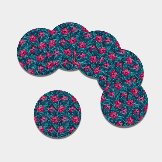 Hot Pink Hibiscus Tropical Pattern Print Leather Coaster Set