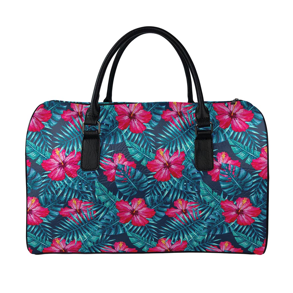 Hot Pink Hibiscus Tropical Pattern Print Leather Duffle Bag