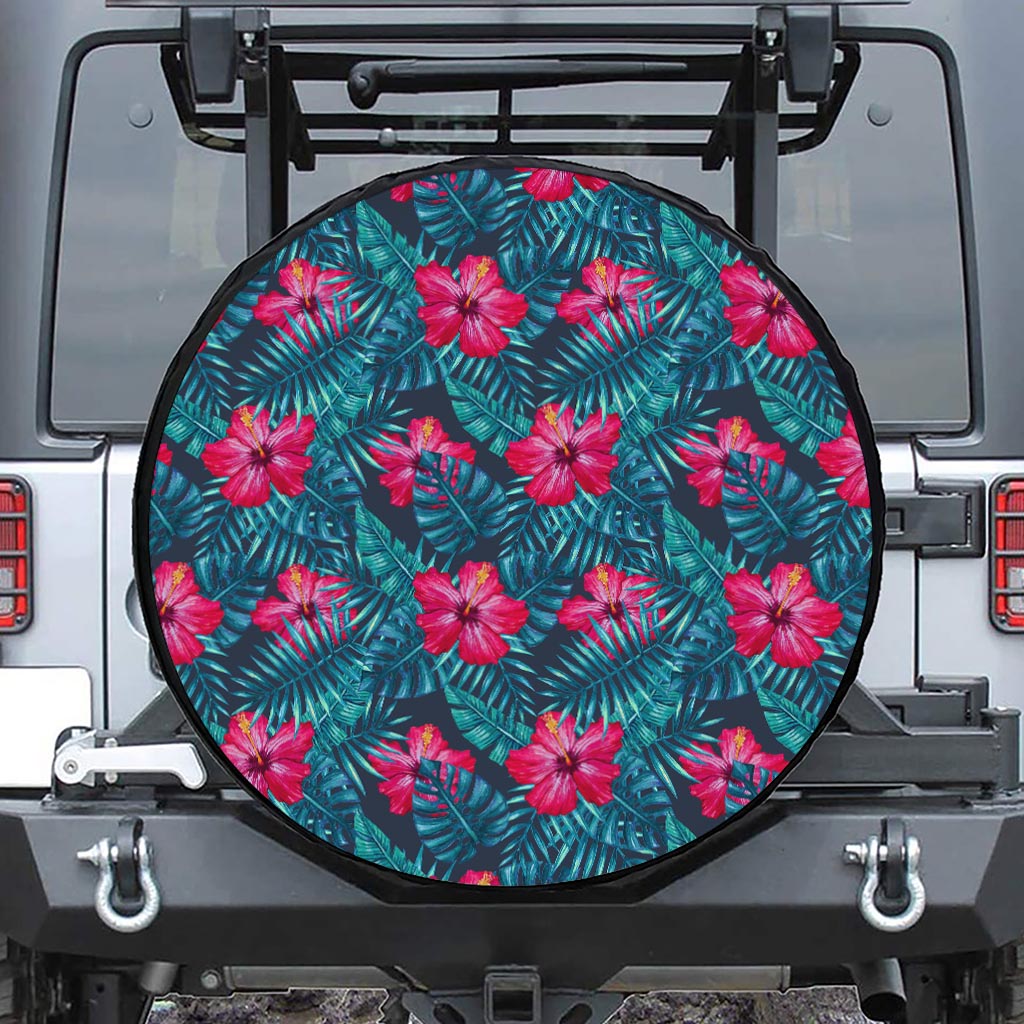 Hot Pink Hibiscus Tropical Pattern Print Leather Spare Tire Cover