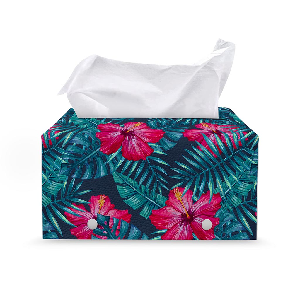 Hot Pink Hibiscus Tropical Pattern Print Leather Tissue Box Cover