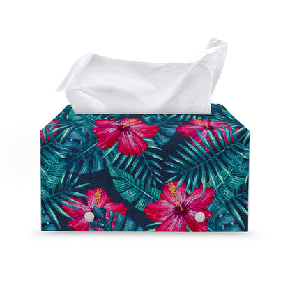Hot Pink Hibiscus Tropical Pattern Print Leather Tissue Box Cover