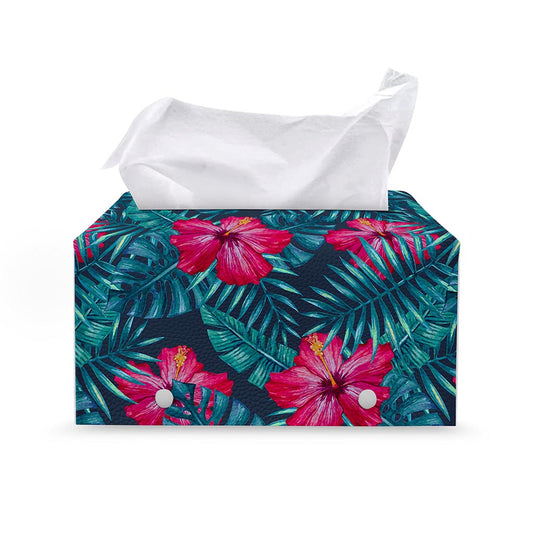 Hot Pink Hibiscus Tropical Pattern Print Leather Tissue Box Cover