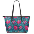 Hot Pink Hibiscus Tropical Pattern Print Leather Tote Bag With Zipper