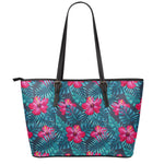 Hot Pink Hibiscus Tropical Pattern Print Leather Tote Bag