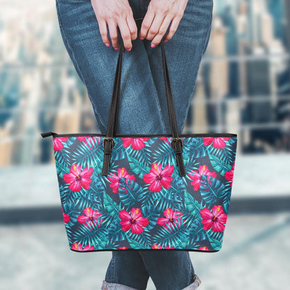 Hot Pink Hibiscus Tropical Pattern Print Leather Tote Bag