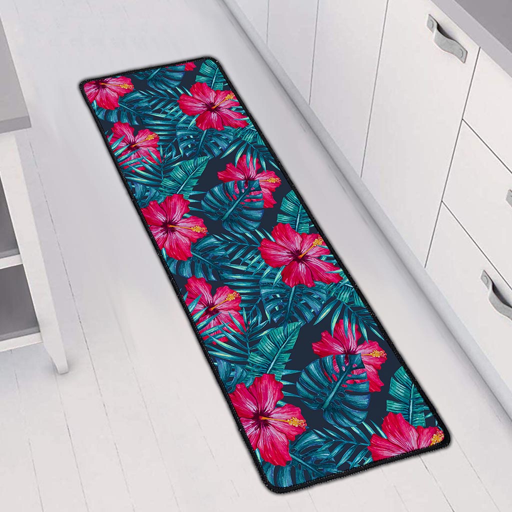Hot Pink Hibiscus Tropical Pattern Print Long Kitchen Mat