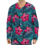 Hot Pink Hibiscus Tropical Pattern Print Long Sleeve Baseball Jersey