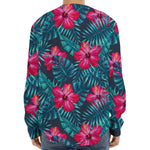 Hot Pink Hibiscus Tropical Pattern Print Long Sleeve Baseball Jersey