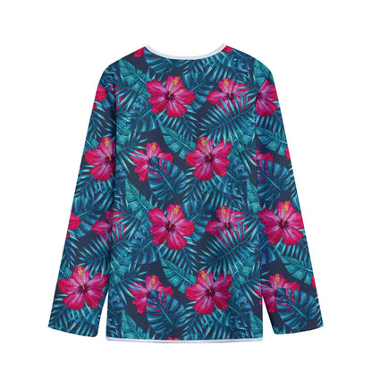 Hot Pink Hibiscus Tropical Pattern Print Long Sleeve Short Coat