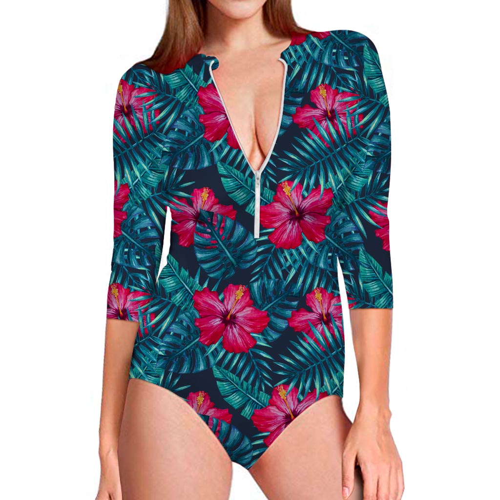 Hot Pink Hibiscus Tropical Pattern Print Long Sleeve Swimsuit