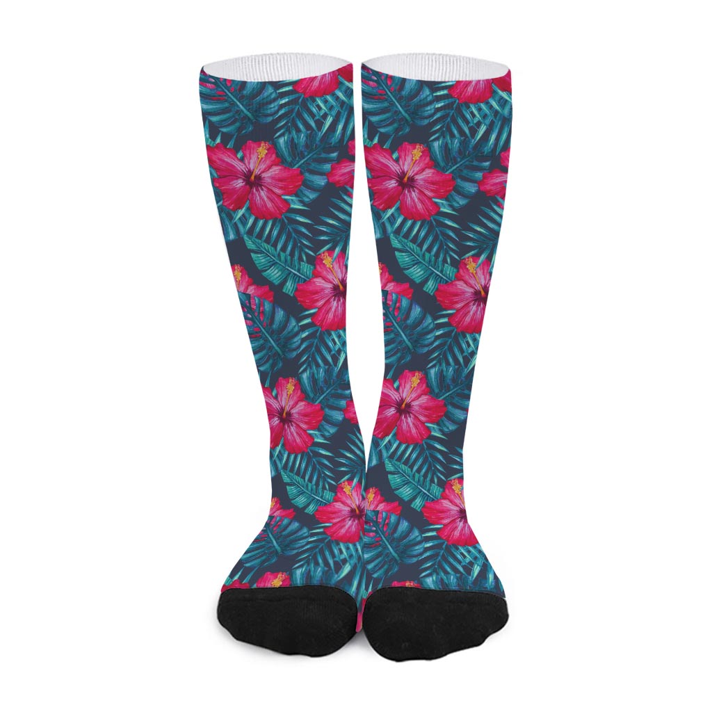 Hot Pink Hibiscus Tropical Pattern Print Long Socks