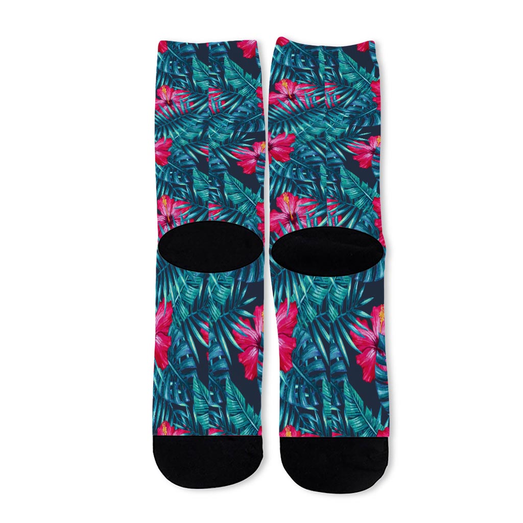 Hot Pink Hibiscus Tropical Pattern Print Long Socks